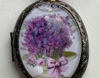 Large Cameo Locket, Lavender Floral Bouquet Cameo, Gothic style, Classic Pendent, Gunmetal