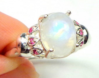 Size 7 1/2, Rainbow Moonstone, Sterling Silver Ring, Blue Flash, Mystical Stone,Natural Gemstone Ring, Moonstone Jewellry, Ruby Accents