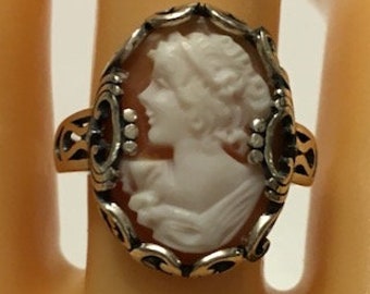 Size Adjustable, Hand Carved Cameo Ring, Sterling Silver, Vintage Conch Shell Cameo, New Setting, OOAK