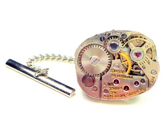 Steampunk Tie Tack, Men's Formal Wear,Watch Movement,Cosplay Fashion,Antique Watch,Ruby Jeweled,Steam Punk Goth,Vnitage Gothic Jewelry