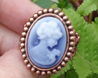 Blue Lady Cameo Ring, Rose Pink Copper, Resin Cameo