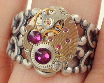 SALE, Classic Steampunk Ring, Amethyst Purple Swarovski Crystals, Vintage Ruby Jeweled Watch Movement, Adjustable Filigree Band