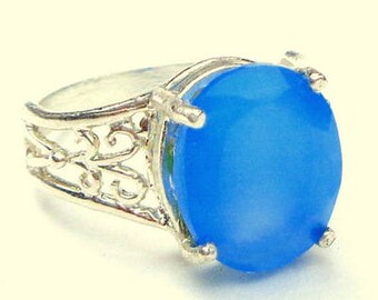 Faceted Blue Chalcedony Ring, Edwardian Style, Sterling Silver Filigree Ring, Natural Gemstone, Victorian Style Jewellry, OOAK