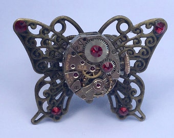 Steampunk Butterfly Ring,Steam Punk Ring,Filigree Butterfly,Antique Ruby Jeweled Watch Movement,Cosplay,Gothic Jewelry