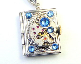 Steampunk  Locket Necklace,Vintage Watch,Ruby Jeweled, Watch Movement, Blue Swarovski Crystals,Book Locket,Edwardian Fantasy,Gothic Jewelry