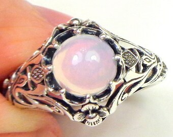 SALE, Sz 7, Welo Opal Ring,Sterling Silver Ring,Ethiopian,Semi-transparent,Pastel Color Play, Lavender,Peach,Pink,Ornate Ring