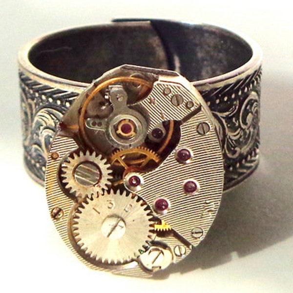 Heavy Steampunk Unisex Ring, Cosplay Watch Works, Edwardian Fantasy,Steam Punk Goth, Ruby Jeweled Watch Movement Ring