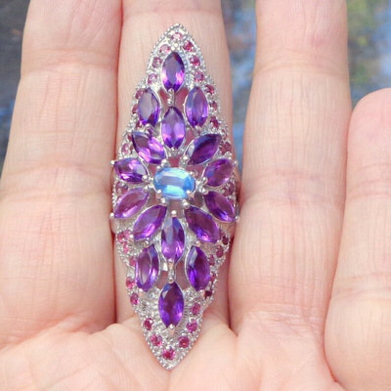 Rhodolite Garnet Ring Kyanite Vintage Filigree Ring Vintage Sterling Silver Awesome Amethyst Edwardian Style Natural Gemstones