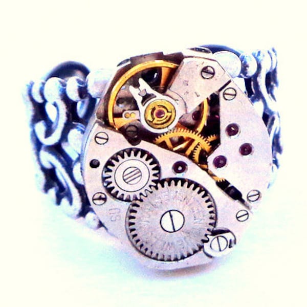 Steampunk Ring for Him or Her, Vintage Ruby Jeweled Watch Movement, Antiqued Silver Tone Filigree, Adjustable Band, Cosplay Steam Punk