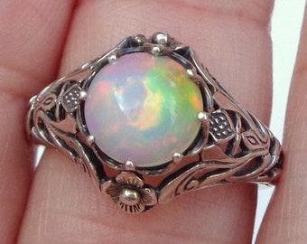 Sz 7, Welo Opal Ring, Sterling Silver, Ethiopian, Semi-transparent, Pastel Color Play, Pink, Yellow, Blue, Green Color Play, Ornate Ring