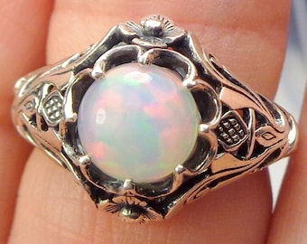 SALE, Sz 4.75,Welo Opal Ring,Sterling Silver Ring,Ethiopian,Semi-transparent,Pastel Color Play, Lavender,Blue,Peach,Yellow, Ornate Ring OOAK