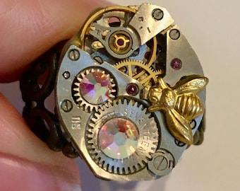 Steampunk Honey Bee, Ruby Jeweled Watch Movement, Adjustable Bronze Filigree Ring,  Aurora Swarovski Crystals