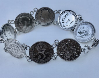 Sterling Silver Coin Bracelet, Sixpence Bracelet, British Silver Coins, Antique British Coins, Seven Inch Bracelet, OOAK