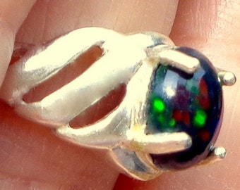 SALE, Black Welo Opal, Ethiopian Opal Ring, Welo Opal Ring, Filigree Sterling Silver Ring, Natural Opal Gemstone Ring, OOAK