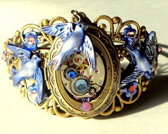 Steampunk Locket Bracelet, Neo Victorian Cuff, Blue Sparrows, Steampunk Cuff, Steam Punk Goth, Locket Cuff, Gothic Jewelry