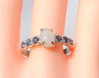 SALE, Ethiopian Welo Opal Ring, Blue Sapphire Band, Sterling Silver Ring, Hand Crafted Gemstone Jewelry, Genuine, Natural Gems, OOAK