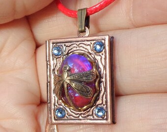 Mexican Opal, Dragon's Breath Opal Glass, Swarovski Crystals, Dragonfly Locket Necklace, Edwardian Fantasy, Lady's Gift, OOAK