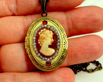 Hand Carved Conch Shell, Victorian Locket Necklace,Neo Victorian,Cameo Locket,Seed Pearls, Swarovski Crystals,Edwardian Fantasy