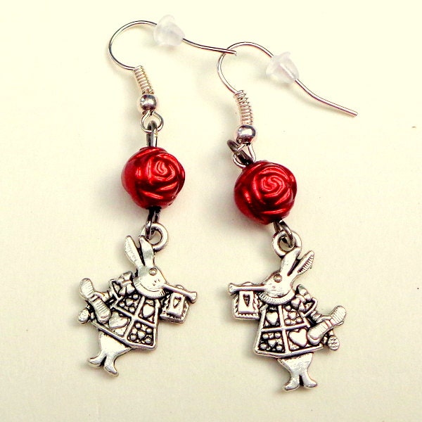 White Rabbit Earrings, Alice in Wonderland, Two Sided Red Rose bead, Antique Silver Tone Rabbit, Perfect for Easter