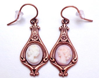 Cameo Earrings,Carved Shell,Antique Cameos,Brass Filigree,Pink Pearls,Vintage Cameo,Hand Carved, Pink Conch Shell, Carved Shell Cameos, OOAK