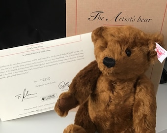 Vintage 13” Cocoa Brown Steiff Teddy Bear w/Button & Cloth Tag