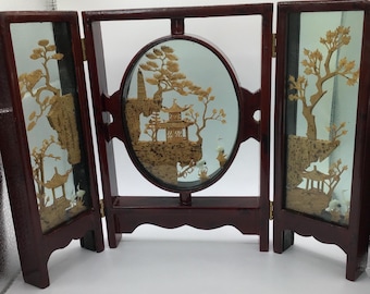 Vintage Chinese handmade cork wood diorama folding table screen