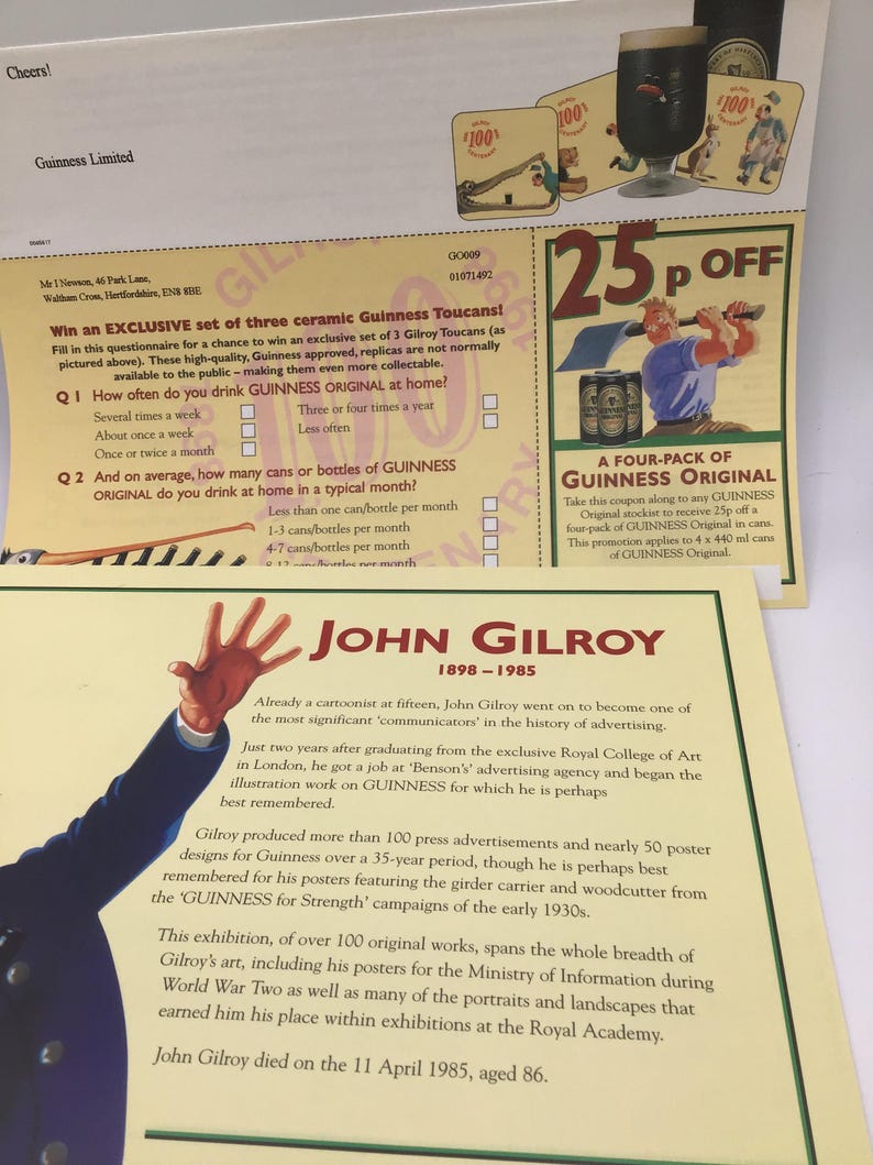 Puede incluir: Imagen promocional con materiales de Guinness. Incluye un cuestionario, un cup&oacute;n de 25p de descuento en un paquete de cuatro Guinness Original y una biograf&iacute;a de John Gilroy, ilustrador publicitario.