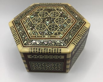 Vintage hexagon Egyptian wooden mother of pearl inlaid jewellery/ trinket box