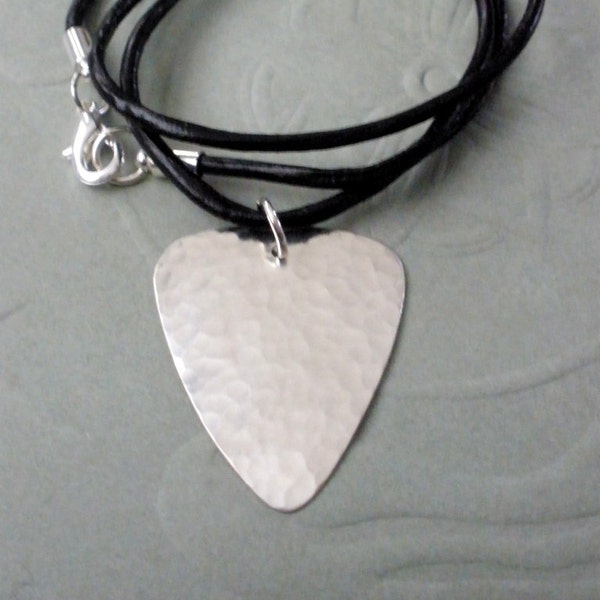 Guitar Pick Necklace, Sterling Silver, Black Leather Necklace, 25th Anniversary, CUSTOM Pick, Personalized Plectrum, Silver Anniversary
