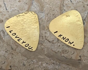 I Love You I know, Guitar Pick, Solid Brass, Useful Gift, Plectrum, Handmade, Anniversary Gift, Shop Small, Made in USA