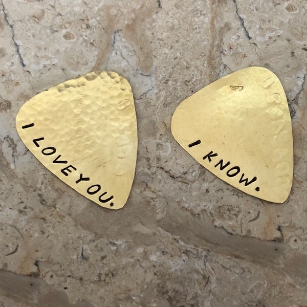 I Love You I know, Guitar Pick, Solid Brass, Useful Gift, Plectrum, Handmade, Anniversary Gift, Shop Small, Made in USA