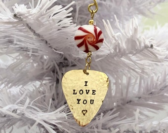 Guitar Pick Ornament, Candy Cane, PERSONALIZED Gift, Plectrum Gift, Christmas Ornament, Secret Santa, Stocking Stuffer, Tree Decoration