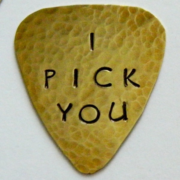 I PICK You Guitar Pick Solid BRASS 7th Anniversary Gift, Gold Plectrum, Gift Topper, I Choose You, Be Mine, Guy Gift,  Hand Stamped
