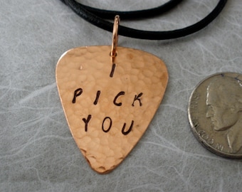 One Guitar Pick Pendant, Copper Pick on Leather Necklace, CUSTOM Pick, Black Leather Necklace, Rock Roll, Gifts For Him, Personalized Pick