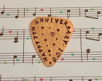 7th Anniversary Copper Guitar Pick: Hand Stamped I Love You Gift