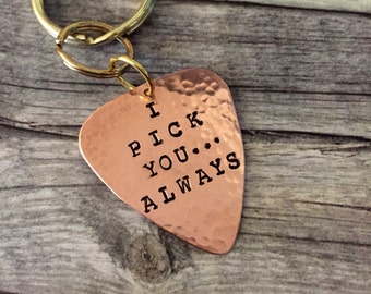 CUSTOM Guitar Pick Keyring - Copper Personalized Keychain - Musican Gift - New House - New Apartment - New Driver - Hand Hammered Copper