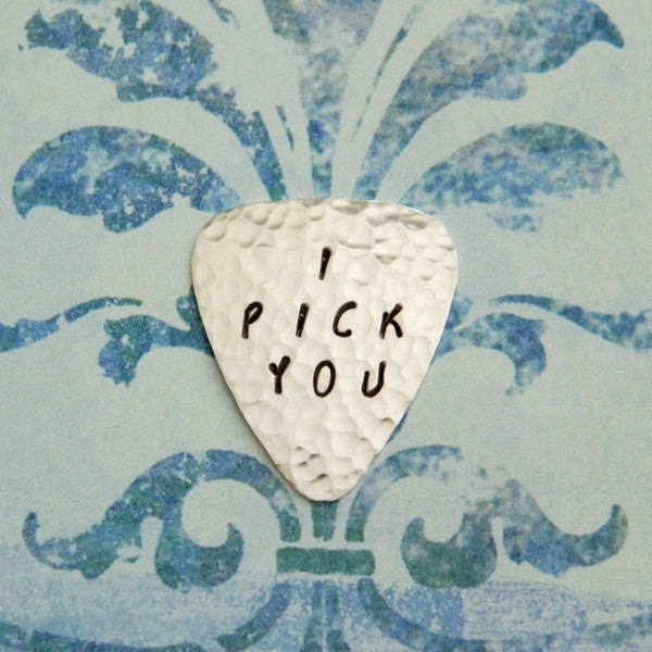 I PICK YOU - Sterling Silver Guitar Pick - RAD Font - Silver Anniversary - Wedding - Marriage Proposal - I Love You - I Do - I Choose You