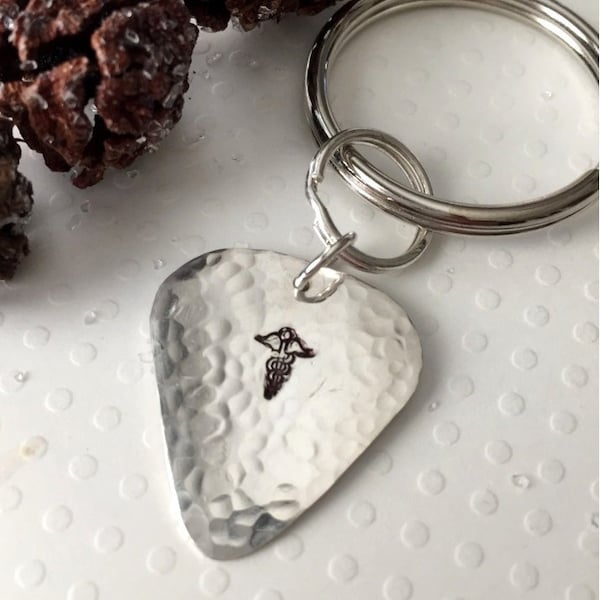 Guitar Pick Med Alert Keyring, Sterling Silver, Allergy Info, Diabetic Key Ring, Emergency Information, Rockin Senior Citizen, Useful gift