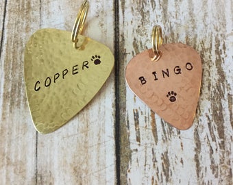 Guitar Pick Pet ID Tag: Handcrafted Copper or Brass, Personalized