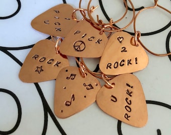 Personalized Guitar Pick Wine Charms: Copper, Brass, or Steel