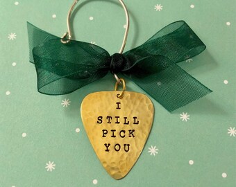 Guitar Pick Christmas Ornament - BRASS Pick - PERSONALIZED Plectrum - Functional Gift - Secret Santa - Stocking Stuffer - Tree Decoration