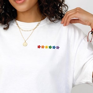 Subtle LGBT Pride Shirt Comfort Colors: Rainbow Flower Embroidered Tee