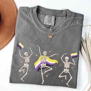 Nonbinary Pride Skeleton Shirt: Enby Halloween Tee, Funny LGBTQ TShirt, Comfort Colors Gift