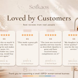 Puede incluir: Imagen promocional de Sofkaos, con rese&ntilde;as de clientes. El dise&ntilde;o incluye el texto "Loved by Customers" y "Real reviews from real people". Se muestran cuatro testimonios de clientes con valoraciones por estrellas y citas.