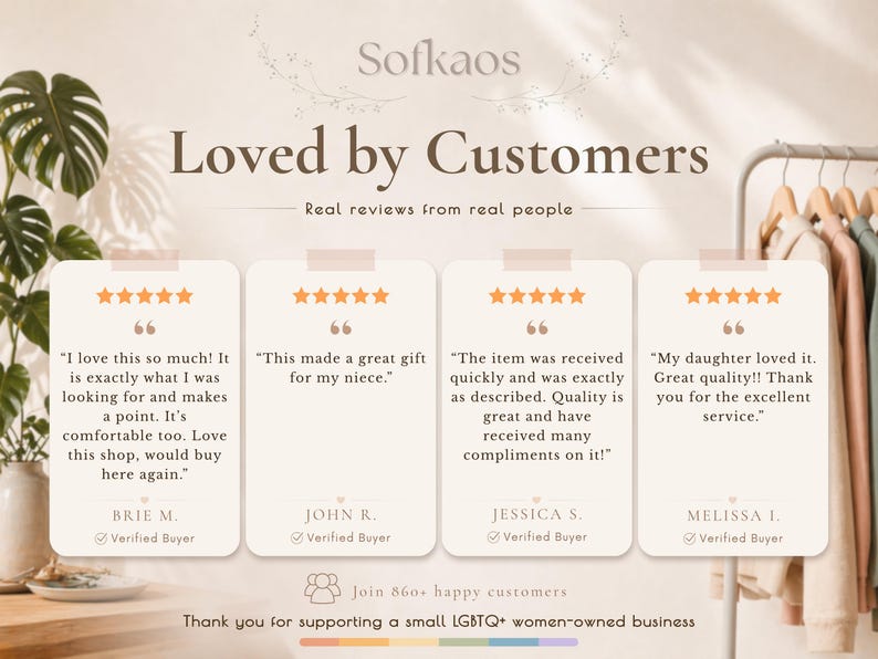 Puede incluir: Imagen promocional de Sofkaos, con rese&ntilde;as de clientes. El dise&ntilde;o incluye el texto "Loved by Customers" y "Real reviews from real people". Se muestran cuatro testimonios de clientes con valoraciones por estrellas y citas.