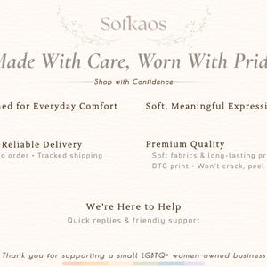Puede incluir: Gr&aacute;fico color crema con el texto "Sofkaos Made With Care, Worn With Pride." El texto adicional incluye "Designed for Everyday Comfort", "Fast & Reliable Delivery" y "Premium Quality". La imagen tambi&eacute;n dice "We're Here to Help."