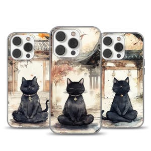 黒猫のスマホケース - iPhone 16 Pro Max、15、14、13、12、11 Plus、Samsung S23 Ultra、S22、S21、Pixel 9用、美しい日本の猫アートカバー