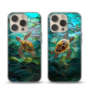 Stained Glass Sea Turtle Handyhülle Faux Mosaik Ocean Cover für iPhone 16 15 14 13 12 Pro Max, Samsung S24 S23 - Geschenk für Strandliebhaber