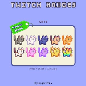 Może przedstawiać: Zestaw dziesięciu odznak Twitch w stylu pixel art przedstawiających koty na jasnym tle. Koty są szare, białe, ciemnoniebieskie, beżowe, pomarańczowe, trójkolorowe, różowe, fioletowe, żółte i tęczowe. Zielona etykieta ma napis Human Made. Tekst: TWITCH BADGES, CATS, 18x18 / 36x36 / 72x72 px.