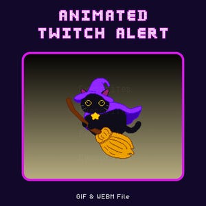 Black Cat Mage Twitch Animated Alert - Cat Wizard in Purple Cloak on Magical Broom | Pixel Art Stream Overlay for Follower, Sub & Cheer